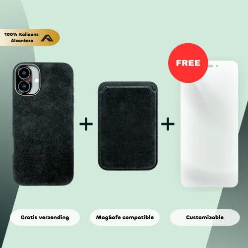 Telefoonhoesje en kaarthouder van zwart Alcantara met gratis schermbeschermer op een mintgroene achtergrond. Tekst: Gratis verzending, MagSafe compatibel, Customizable.