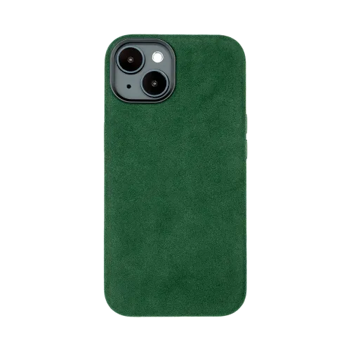 Groene telefoonhoes met suède-achtige textuur, passend om een smartphone met zichtbare cameramodules.