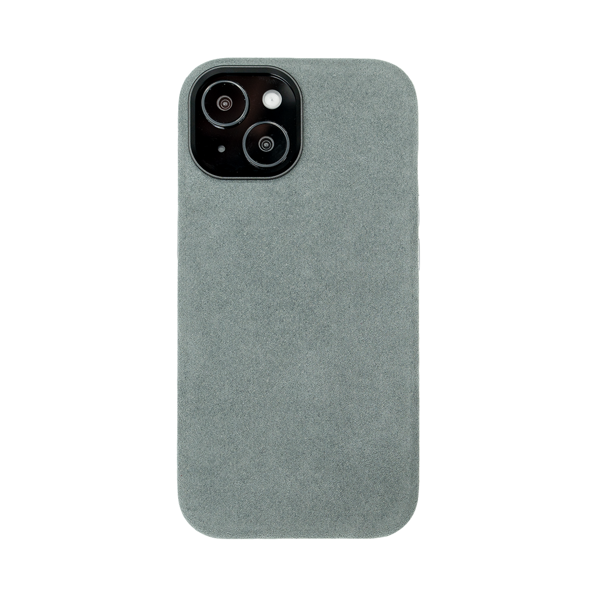 Grijs telefoonhoesje met twee cameralenzen en een flitser linksboven in beeld.