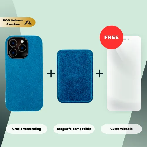 Blauwe Alcantara telefoonhoes en kaartportemonnee voor iPhone, met tekst die gratis verzending en MagSafe-compatibiliteit vermeldt.