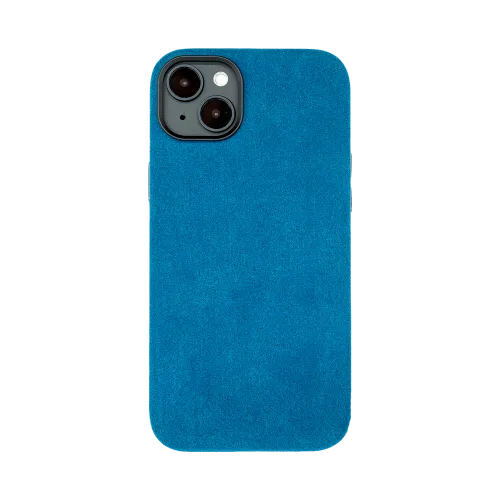 Blauwe smartphonehoes met textuur, achterkant zichtbaar, met uitsparing voor dubbele camera.