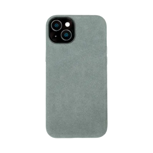 Grijze telefoonhoes met gleuf voor dubbele camera aan de bovenkant.