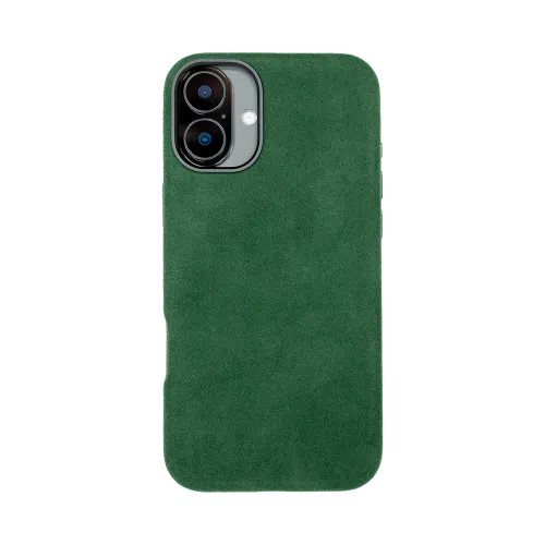 Groene suède telefoonhoes met twee cameralenzen zichtbaar bovenaan de achterkant.