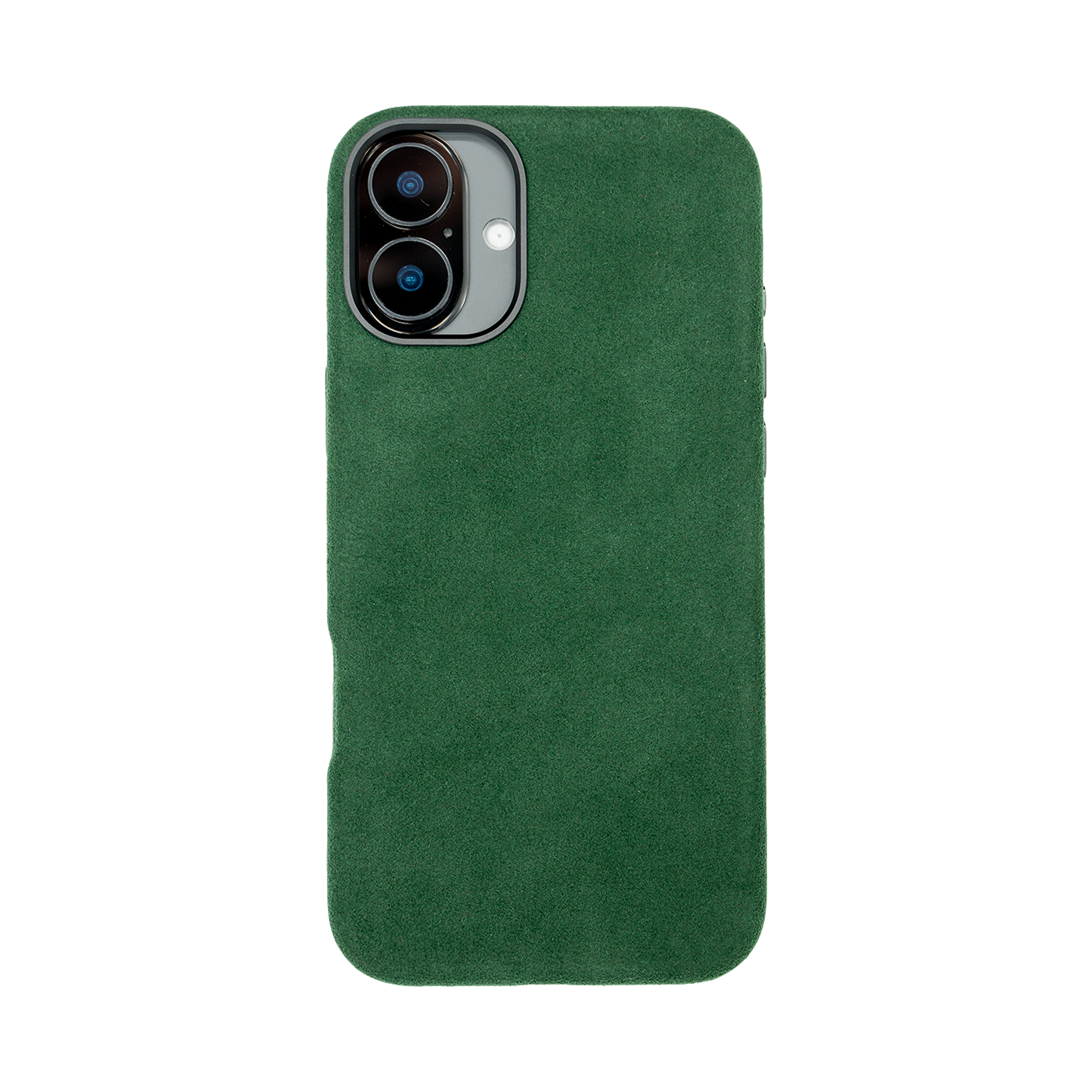Groene suède telefoonhoes met twee cameralenzen zichtbaar bovenaan de achterkant.