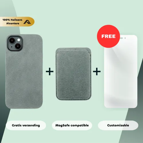 Telefoonhoesje, kaarthouder en schermbeschermer, gemaakt van 100% Italiaans Alcantara, met voordelen zoals gratis verzending, MagSafe compatibiliteit en maatwerkopties.