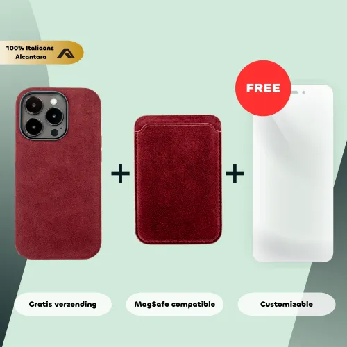 Rode iPhone-hoes en portemonnee van Italiaans Alcantara. Tekst: 100% Italiaans, gratis verzending, MagSafe-compatibel, aanpasbaar. Gratis witte schermbeschermer.