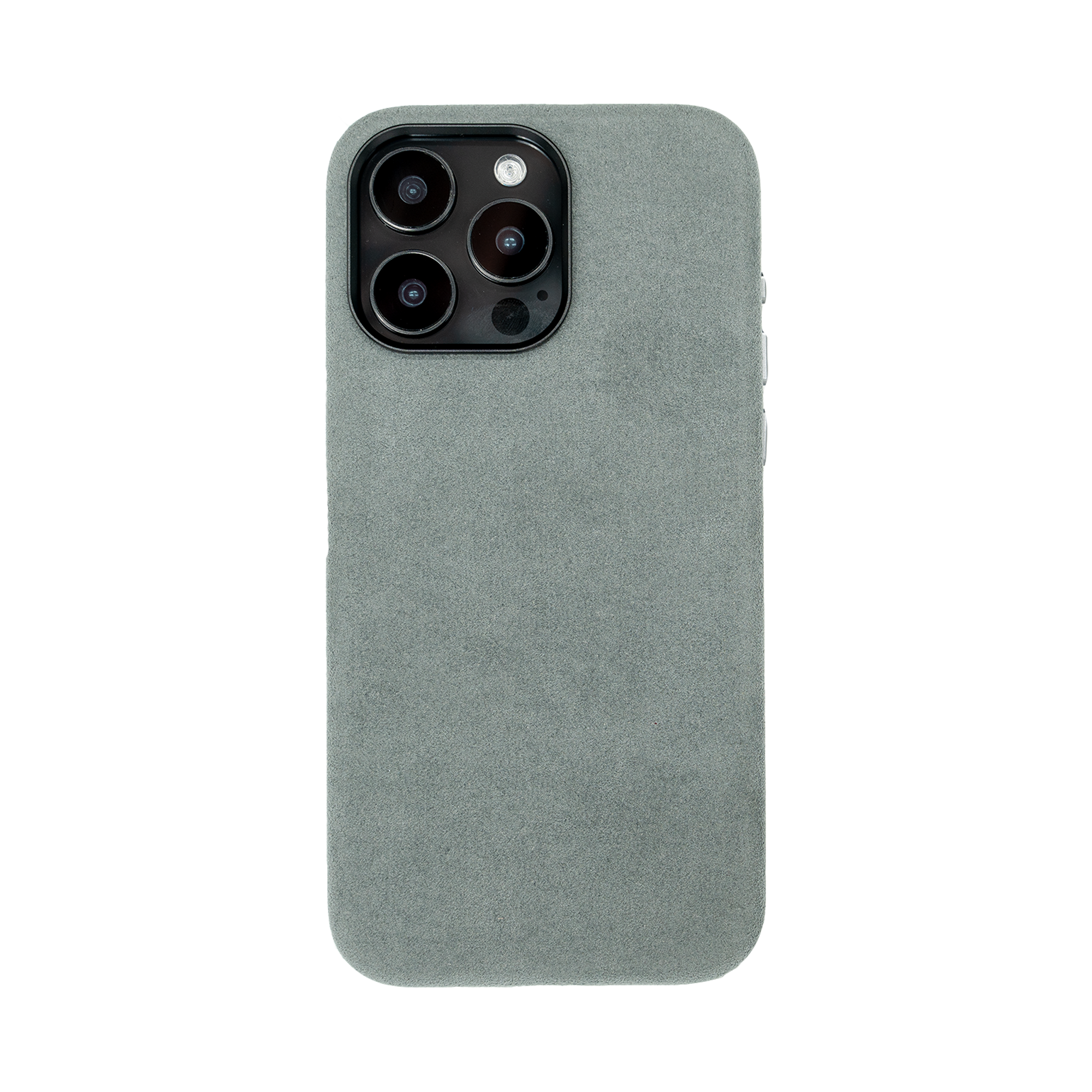 Grijze smartphone met drie camera's op de achterkant en een minimalistische, matte afwerking.