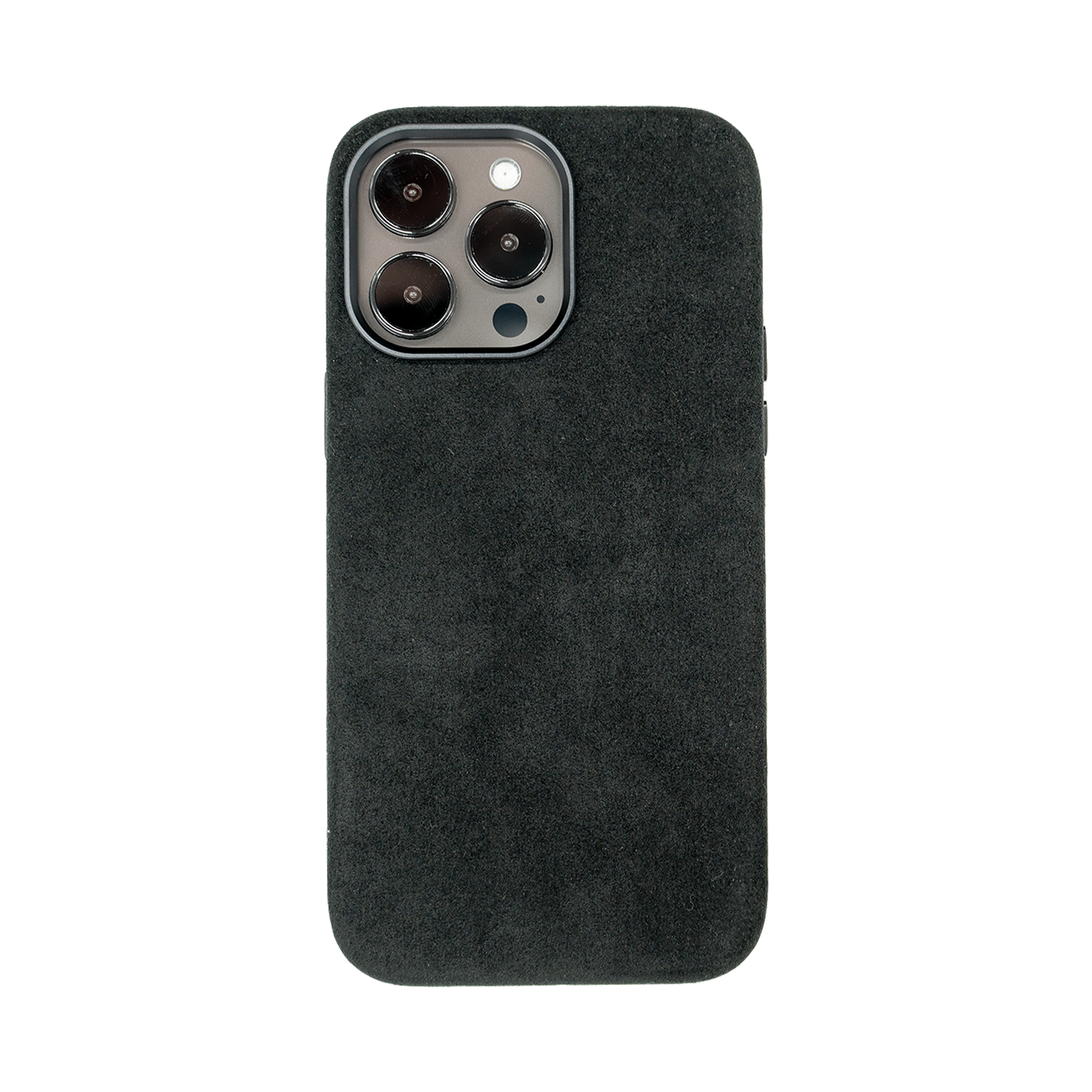Donkergrijze smartphonehoes met suède textuur, met uitsnede voor een driedubbele cameramodule aan de achterkant.