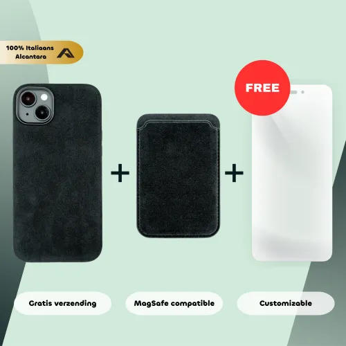 Telefoonhoesje, kaarthouder en screenprotector set van Italiaans Alcantara, met gratis verzending, MagSafe-compatibiliteit en maatwerkopties.