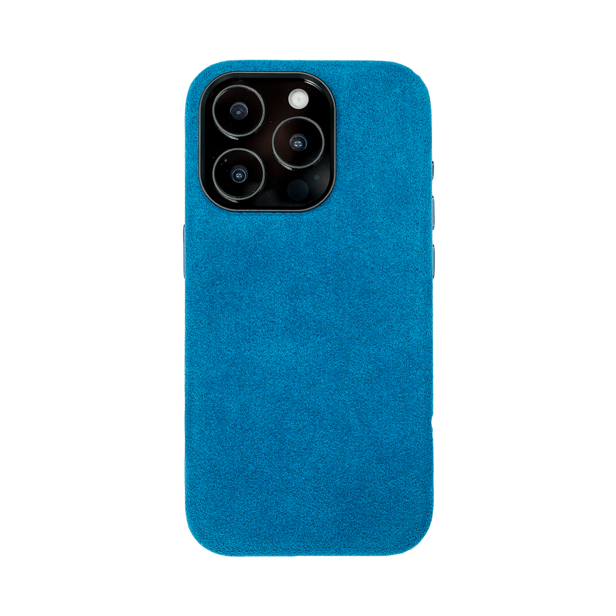 Blauwe smartphone met drie camera's in een blauwe suède hoes.