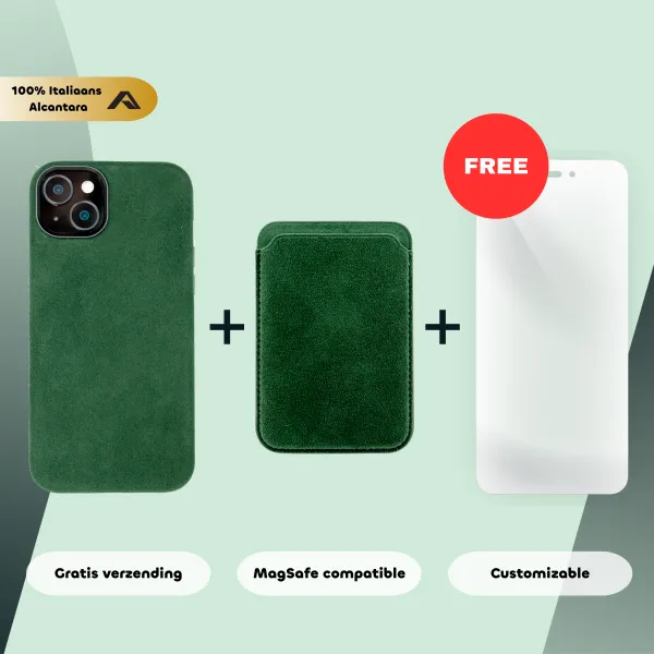iPhone 15 Plus – Alcantara Case + MagSafe Wallet + Gratis Screenprotector | Emerald Green
