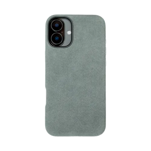 Grijze smartphonehoes met zichtbaar cameragedeelte op een witte achtergrond.
