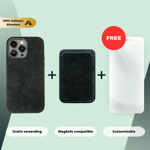 Telefoonhoesje en kaarthouder van Italiaans Alcantara voor MagSafe. Inclusief gratis schermbeschermer. Met gratis verzending, MagSafe compatibiliteit en personalisatie opties.