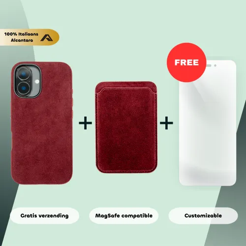 Bordeauxrode smartphonehoes, magnetische portemonnee en een gratis telefoonscherm. Beschrijving: 100% Italiaans Alcantara, gratis verzending, MagSafe compatibel, aanpasbaar.