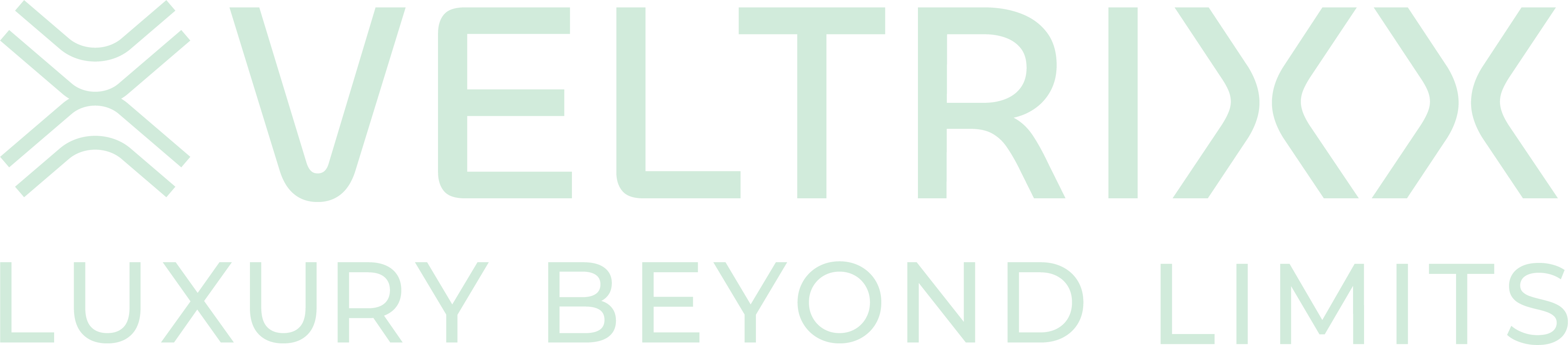 Logo van Veltrixx met de slogan "Luxury Beyond Limits" in mintgroene letters op een zwarte achtergrond.