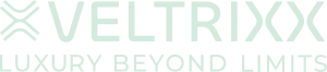 Logo van Veltrixx met de slogan "Luxury Beyond Limits" in mintgroene letters op een zwarte achtergrond.