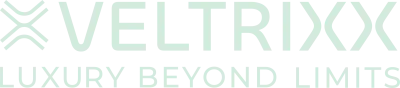 Logo van Veltrixx met de slogan "Luxury Beyond Limits" in mintgroene letters op een zwarte achtergrond.