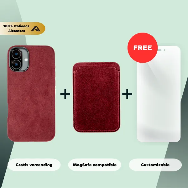 iPhone 16 – Alcantara Case + MagSafe Wallet + Gratis Screenprotector | Ruby Red