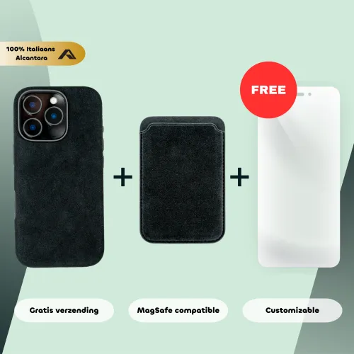 Telefoonhoesje en kaarthouder van 100% Italiaans Alcantara met een gratis, op maat gemaakte glazen schermbeschermer. Gratis verzending, MagSafe-compatibel.
