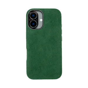 Groene suède telefoonhoes met uitsparing voor dubbele cameramodule en flitser, gezien vanaf de achterkant.