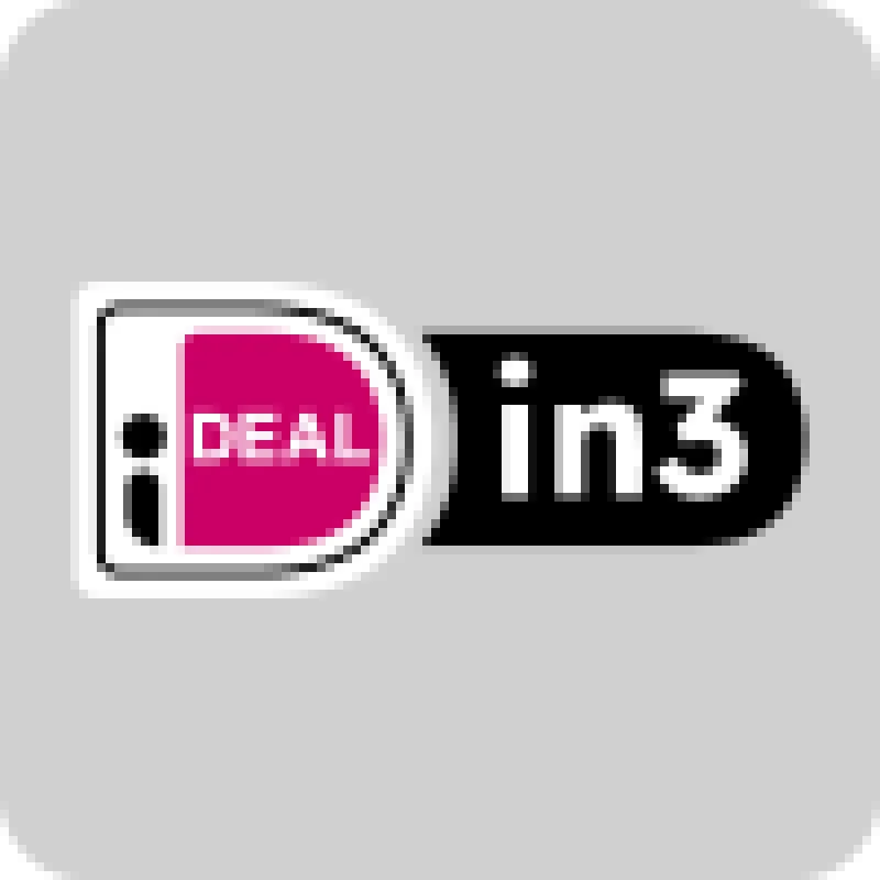 Logo met het woord "iDEAL" in het roze en zwarte blok, naast "in3" in witte letters op een zwart blok, op een grijze achtergrond.