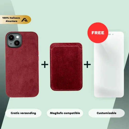 Mobiel hoesje en kaarthouder van Italiaans Alcantara, MagSafe-compatibel, met gratis witte screenprotector. Bevat label voor gratis verzending en maatwerkopties.