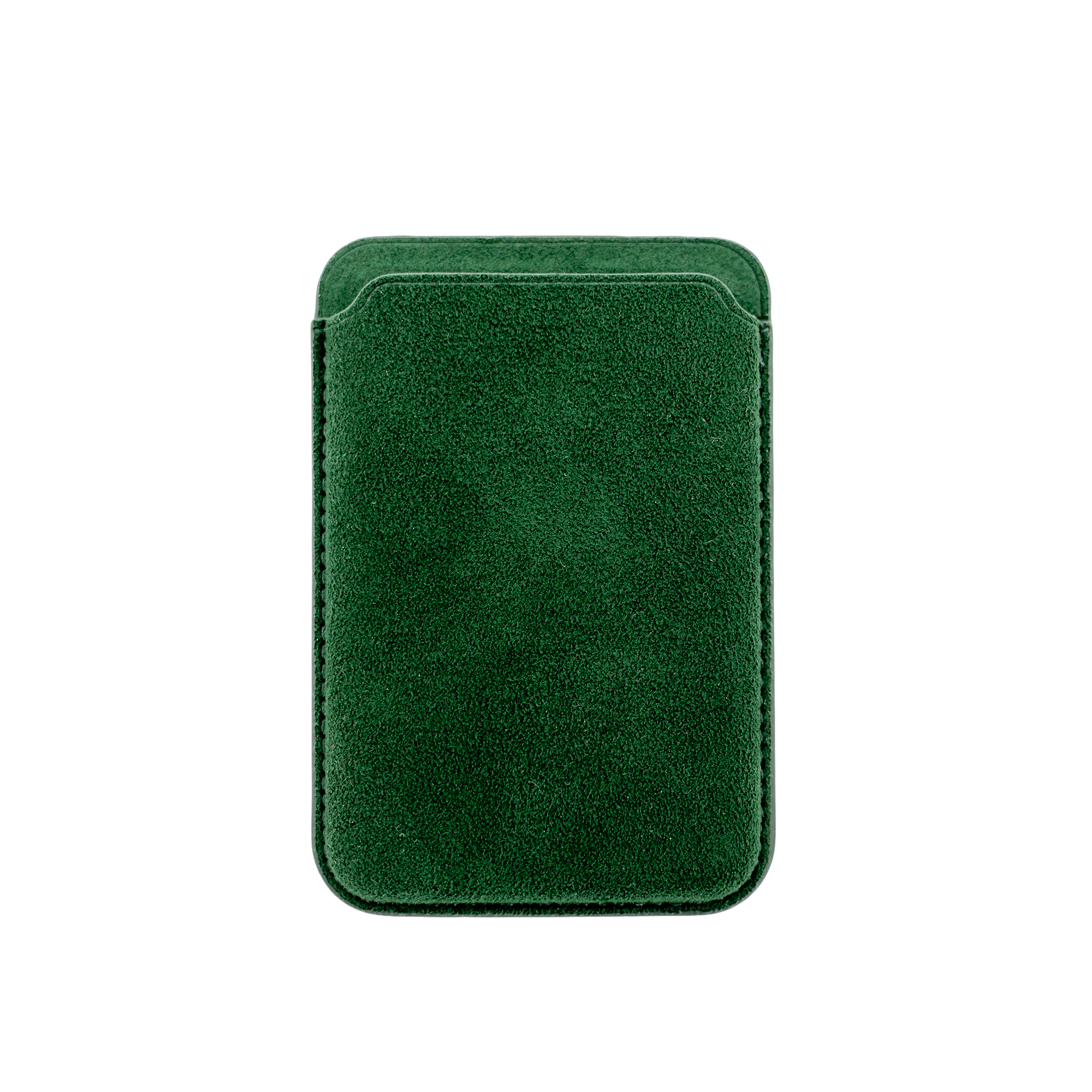 Groene, fluwelen portemonnee of kaarthouder met een eenvoudige, rechthoekige vorm.