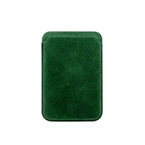 Groene, fluwelen portemonnee of kaarthouder met een eenvoudige, rechthoekige vorm.