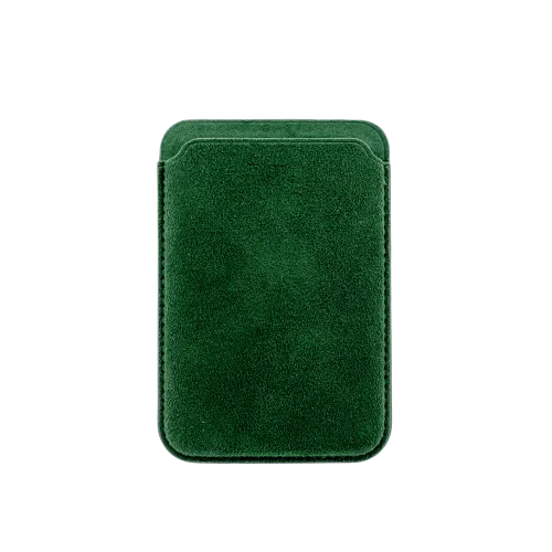 Groene, fluwelen portemonnee of kaarthouder met een eenvoudige, rechthoekige vorm.
