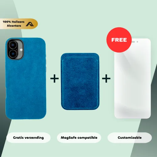 Blauwe telefoonhoes en kaartportemonnee van Italiaans Alcantara met gratis schermbeschermer. MagSafe-compatibel, aanpasbaar, gratis verzending.