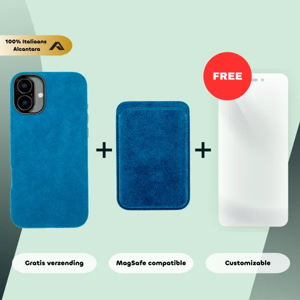 iPhone 16 Plus – Alcantara Case + MagSafe Wallet + Gratis Screenprotector | Sapphire Blue