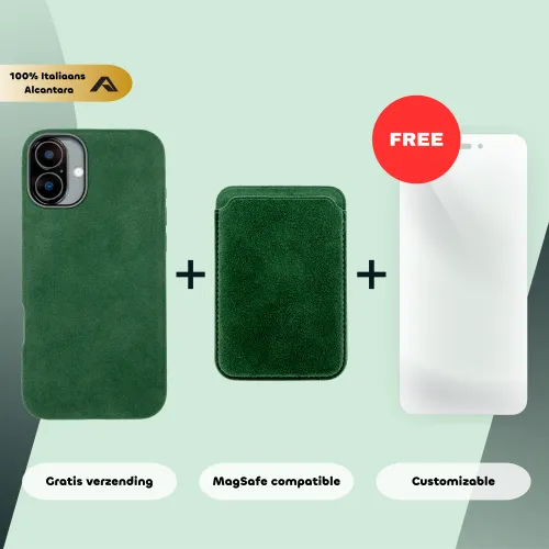 Groene telefoonhoes en portemonnee van 100% Italiaans Alcantara, MagSafe-compatibel. Inclusief gratis wit hoesje. Gratis verzending en aanpasbaar.
