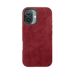 Bordeauxrode suède telefoonhoes met uitsparing voor dubbele camera.