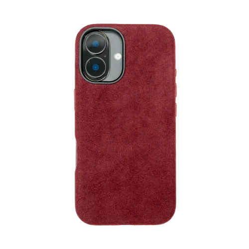 Bordeauxrode suède telefoonhoes met uitsparing voor dubbele camera.