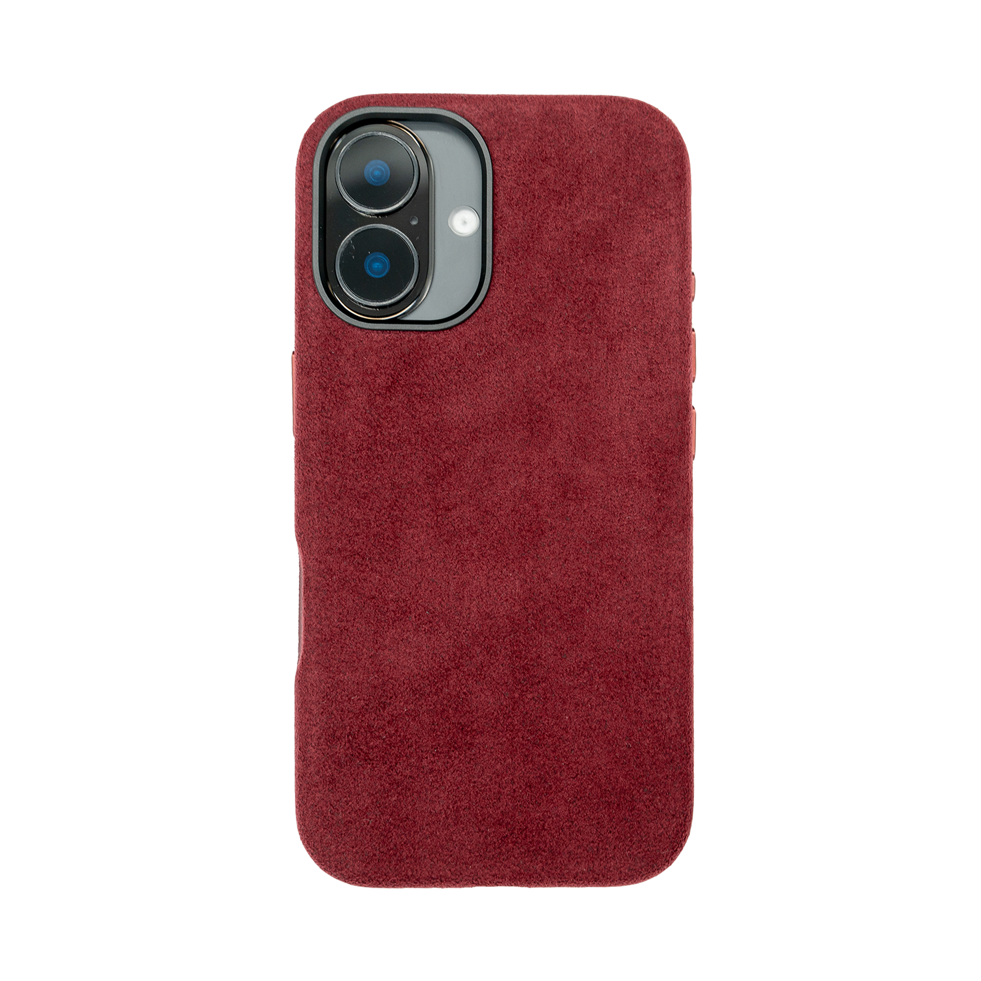 Bordeauxrode suède telefoonhoes met uitsparing voor dubbele camera.
