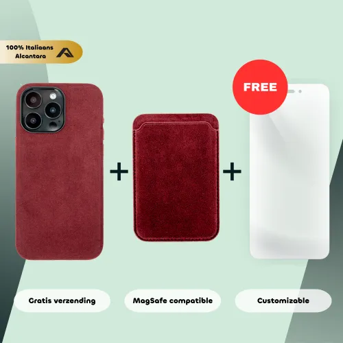 Telefoonhoes en kaarthouder van rode Alcantara, met gratis schermbeschermer. Label vermeldt 100% Italiaans materiaal. Voordelen: gratis verzending, MagSafe compatibiliteit, aanpasbaar.