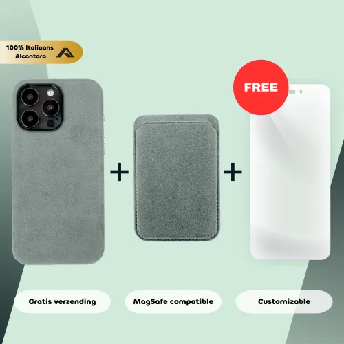 Telefoonhoesje en cardholder van 100% Italiaans Alcantara met MagSafe-compatibiliteit, inclusief gratis screenprotector. Features: gratis verzending en aanpasbaar.