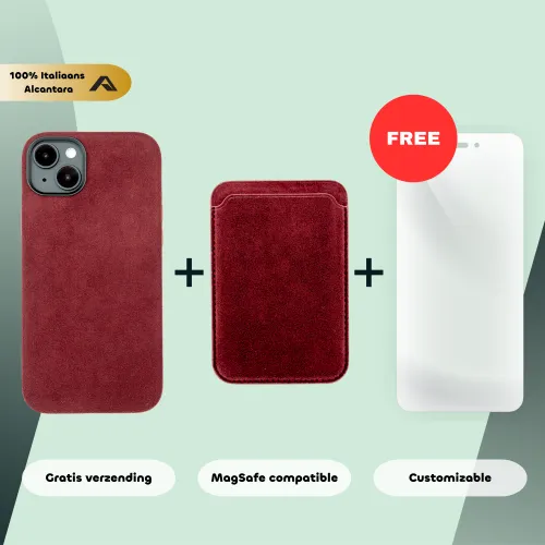 Rode Alcantara telefoonhoes en kaarthouder naast een gratis wit scherm. Tekst: "100% Italiaans, Gratis verzending, MagSafe compatible, Customizable".