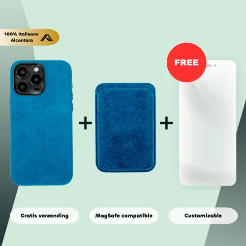 Blauwe Alcantara telefoonhoes, kaarthouder en gratis schermbeschermer. Voordelen: gratis verzending, MagSafe-compatibiliteit en aanpasbaarheid.