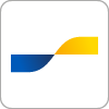 Abstract logo met een horizontale golvende vorm. Linkerhelft blauw, rechterhelft geel, op een witte achtergrond.