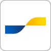 Abstract logo met een horizontale golvende vorm. Linkerhelft blauw, rechterhelft geel, op een witte achtergrond.