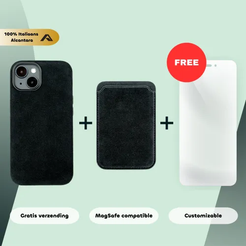 Telefoonhoesje en kaarthouder van Italiaans Alcantara, compatibel met MagSafe. Inclusief gratis item. Gratis verzending en personaliseerbaar.