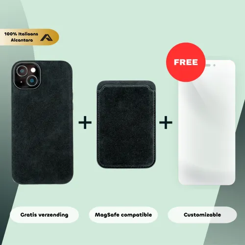 iPhone 15 Plus – Alcantara Case + MagSafe Wallet + Gratis Screenprotector | Carbon Black 