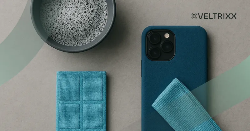 Een blauwe telefoonhoes, een doekje, een gestikte slab en een kom met zeepsop op een grijze achtergrond. Rechtsboven staat het logo Veltrixx.