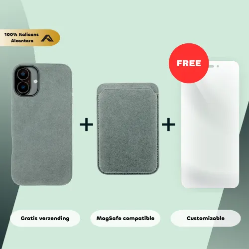 Telefoonhoesje en kaarthouder van Alcantara, plus gratis schermbeschermer. Gratis verzending, MagSafe-compatibel en aanpasbaar.