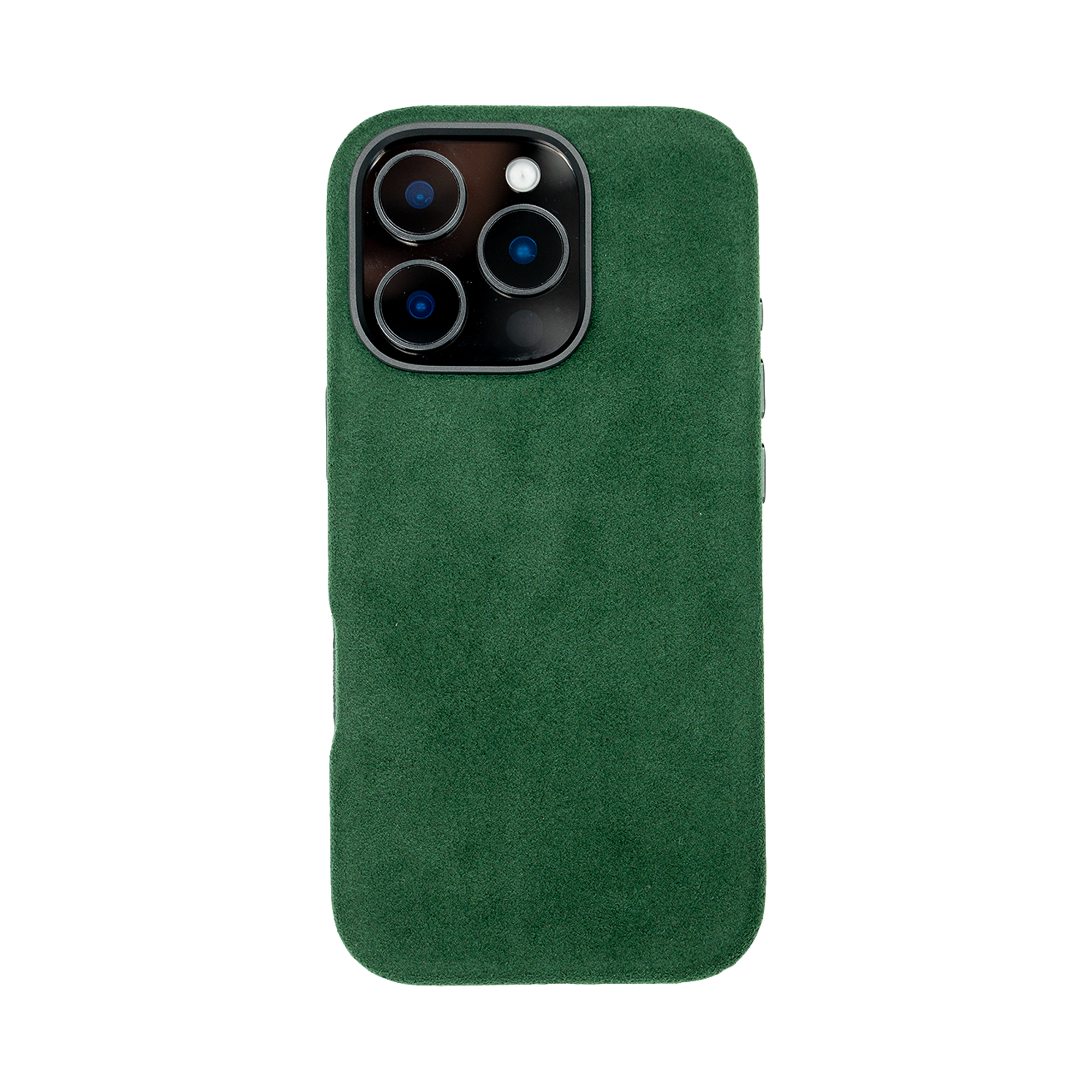 Groene suède telefoonhoes met een uitsparing voor drie cameralenzen aan de achterkant.