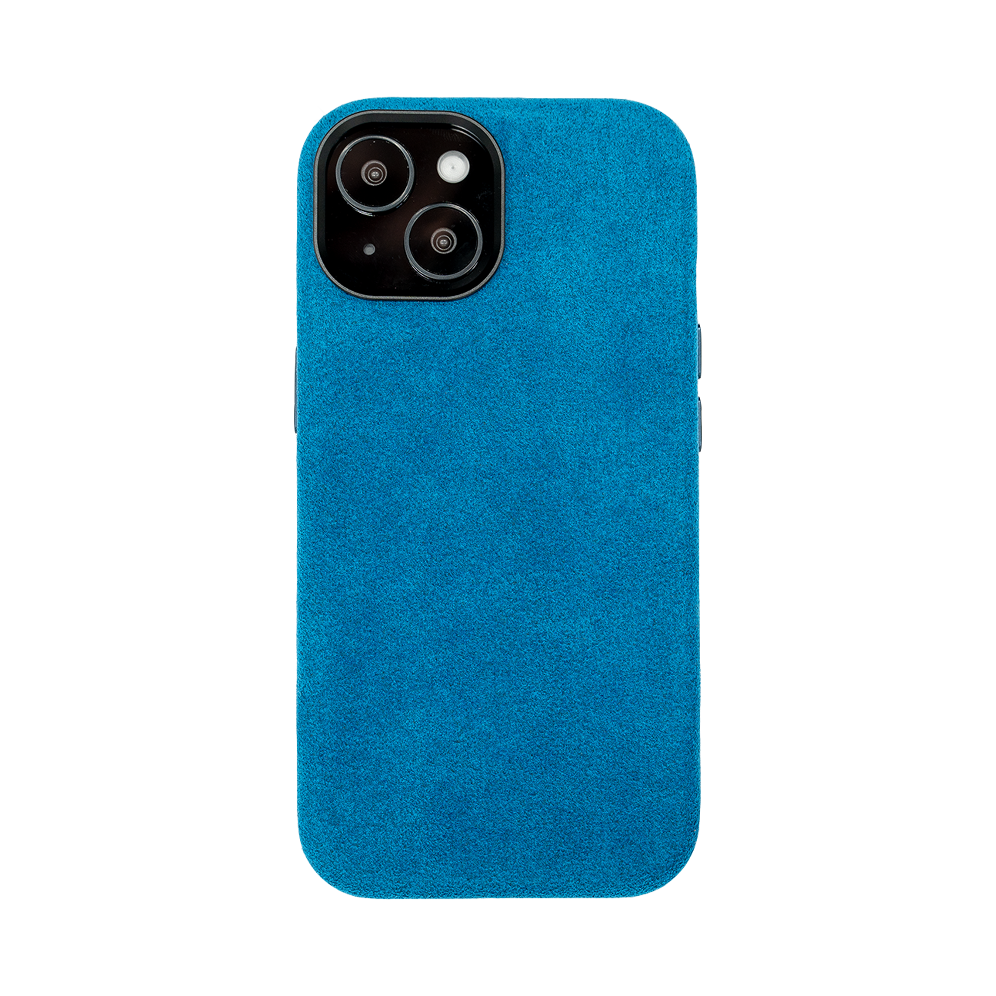 Achteraanzicht van een smartphone met een blauwe suède hoes, met zichtbaar de drie camera's en flitser.