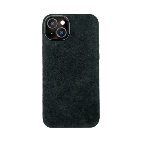 Zwarte telefoonhoes met een suède-achtige textuur, ontworpen voor een smartphone met dubbele camera.