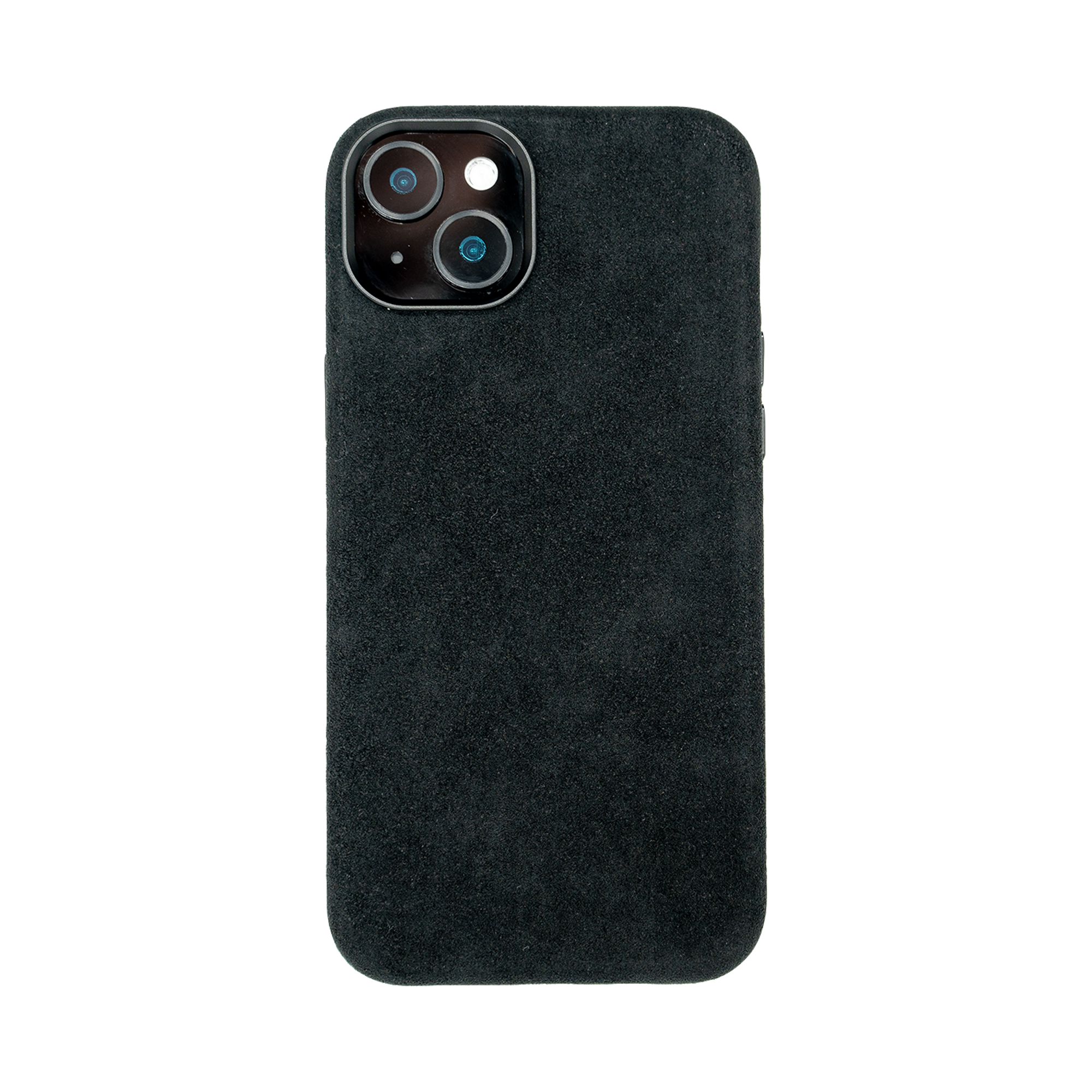 Zwarte telefoonhoes met een suède-achtige textuur, ontworpen voor een smartphone met dubbele camera.
