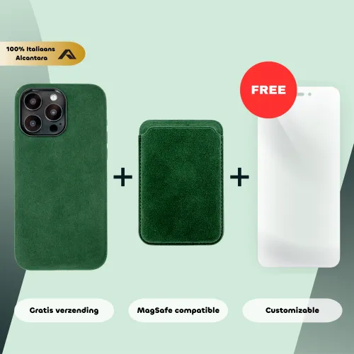Groene Alcantara telefoonhoes en kaarthouder met gratis screenprotector. 100% Italiaans materiaal, MagSafe compatibel, gratis verzending, aanpasbaar.